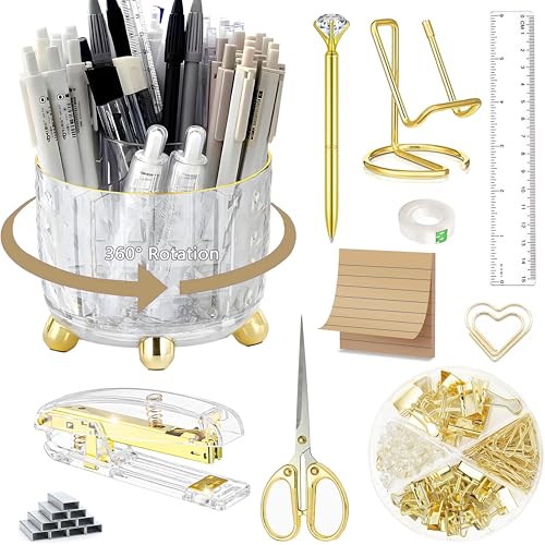 Gold Desk Accessories, Office Desk Organizers and Accessories 360°Pen Holder Acrylic Stapler Set, Phone Holder, Ballpoint Pen, Scissor, Binder Clips, Ruler, Transparent Glue, Sticky Note and Staples. - color: Gold