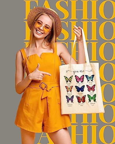 AUSVKAI Canvas Tote Bag Aesthetic Cute For Women College Grocery Bag Cotton Cloth Beach Totes Gift - color: You're Enough-butterfly
