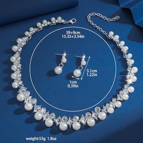 Pearl Bride Wedding Jewelry Set Faux Pearls Crystal Rhinestone Necklace Earrings Bracelet Sets for Women Bridesmaid(3 PCS) - color: Silver - White Pearl