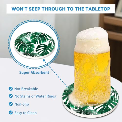 Drinks Coasters Set of 4, Green Palm Leaves Round 4" Cup Coasters, Absorbent Ceramic Stone Coasters with Cork Base, Cute Coasters for Table Home Décor, Ideal Gifts for Women Men - color: Green Palm Leaves