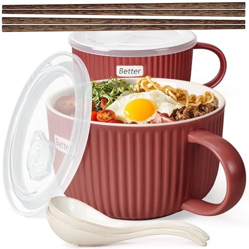 Artena 38 oz Soup Bowls with Handles, Lids, Spoons & Chopsticks – 6 Inch Large Microwave Safe Ceramic Ramen Bowls, Soup Mugs & Cereal Bowls for Instant Noodles, Oatmeal, Meal Prep (Red-Set of 2) - color: Red-Set of 2
