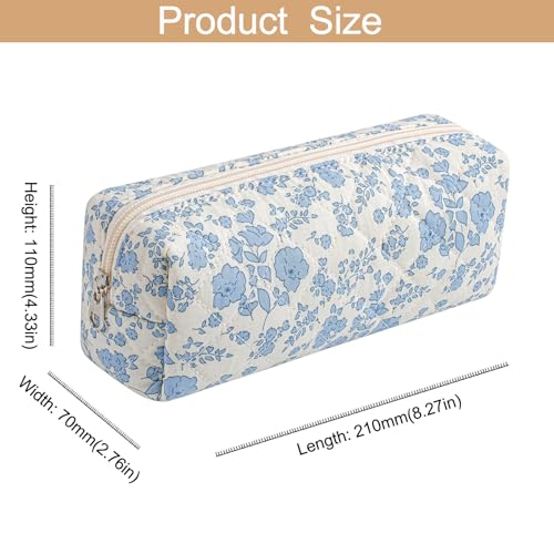 Cute Floral Cotton Makeup Brush Cosmetic Bag for Women, Travel Quilted Zipper Make Up Bag, Flowers Toiletry Organizer Case Kawaii Makeup Cosmetic Travel Cloth Pouch (Blue Floral) - color: 02 Blue Floral