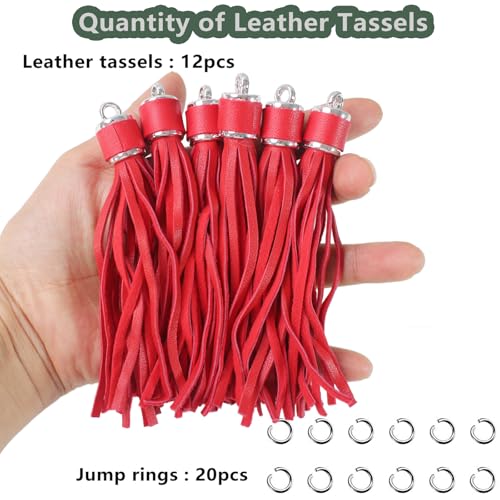 4.3'' Red PU Leather Tassels 12Pcs Gold Caps for Keychains - color: Red