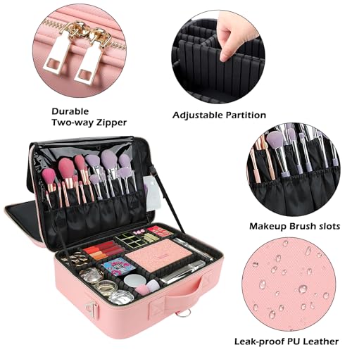 gzcz Large Capacity Travel Makeup Case Organizer,Professional Cosmetic Bags for Women,Waterproof PU Leather Makeup Bag with Adjustable Dividers and Shoulder Strap for Brushes and Jewelry - color: Criss Cross Pink, size: Large
