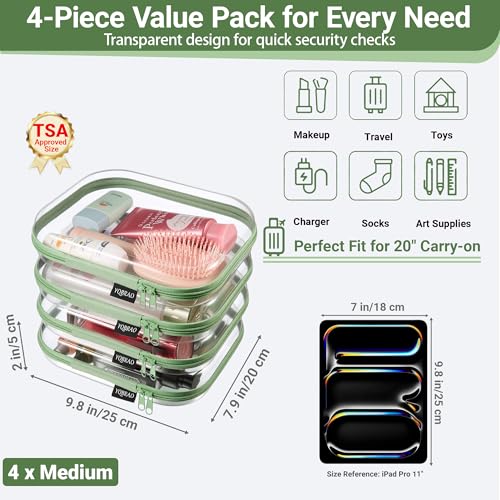 YQBRAO Clear Hard Shell Zipper Cases, 4 Medium Makeup Organizers, Green - color: Green, size: 4 Pack(M)