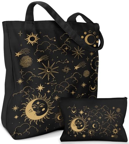Miss Adola Canvas Tote Bag with Matching Makeup Pouch - color: Sun Moon Sign