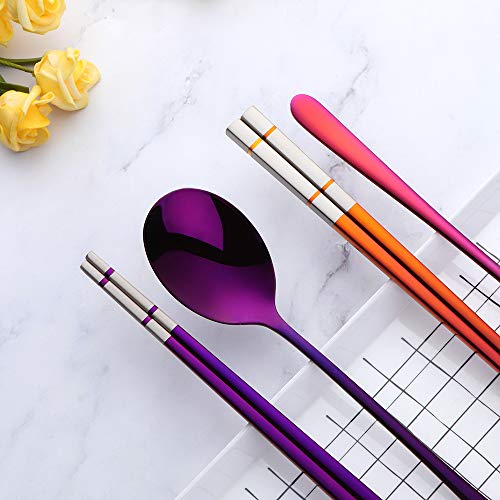 Buyer Star 4 color Square Chopsticks and Spoons Set Metal Stainless Steel Spoons Chopsticks Set - color: 4 color B-square chopstick and spoon