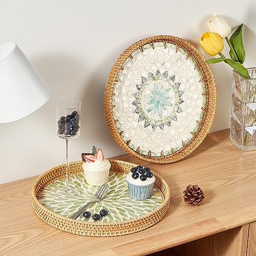 Kmelep Round Rattan Tray with Mother of Pearl Inlay, Rattan Serving Tray with Wooden Base, Decorative Wicker Basket for Table Decor, Storage and Display of Coffee Bread Food Fruit (Bohemia) - color: Bohemia, size: 11.8"