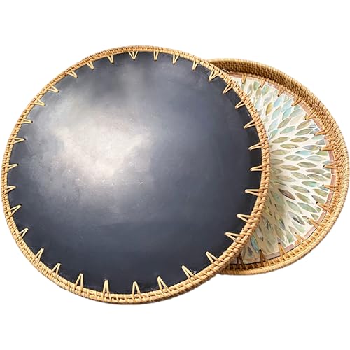 i-lan 16" Rattan & Mother of Pearl Round Decorative Serving Tray for Table - size: 16"