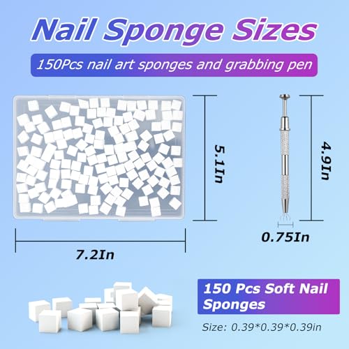 Soft Nail Sponges 150 PCS and 1 Grabbing Pen, Nail Art sponges - color: White-150Pcs