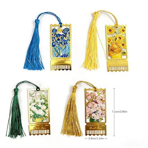 4 Pack Metal Bookmarks with Tassel, Oil Painting Style Decorative Bookmarks, Reading Page Markers for Book Lovers, Readers, Writers, Students, Adults, Men & Women - style: 4Pcs Letter
