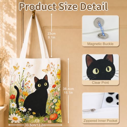 Canvas Tote Bag,Aesthetic Tote Bag,Cute Totebag with Buckle & Pocket,Reusable Canvas Bags,Cat Dogs Gifts for Grocery - color: Small Cat