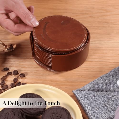 Coasters for Drinks Set of 6 with Holder, 6-Piece Leather Coasters with Embossed Smiley Designs - Durable Drink Coasters Set for Home, Bar, or Office - Brown - color: Brown