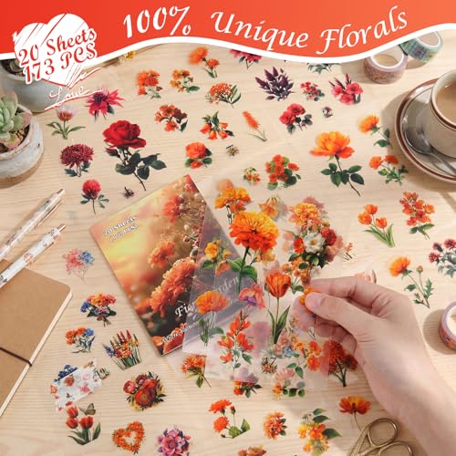 Clear PET 20 Sheets 173 Pcs Sticker Book, Fiery Sunset Botanical Floral Ephemera, Red Rose Stickers, Orange Tulip Embellishments, Seamless Junk Journaling Supplies - style: Fiery Garden