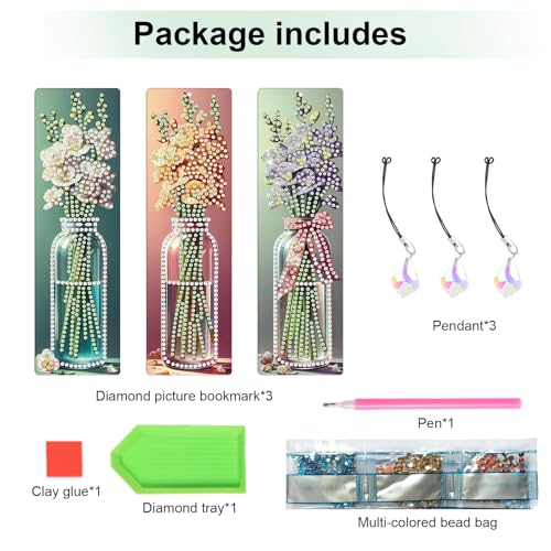 Tontut 3pcs Diamond Art Painting kit Bookmarks, vase Beautiful Universal DIY Bookmarks, Lightweight and Durable, Suitable for Reading Enthusiasts - color: vase