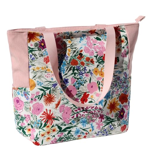 ESVAN Original Floral Water Resistant Large Tote Bag Shoulder Bag for Gym Beach Travel Daily Bags Upgraded - color: Corduroy Pink Flower