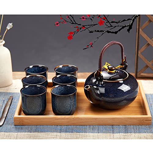 DUJUST Japanese Tea Set for 6, Kiln Altered Glaze Porcelain Tea Set with 1 Teapot, 6 Tea Cups & 1 Tea Tray, Unique Chinese Tea Sets for Adults/Tea Lovers/Women/Men, Dark Blue - color: Teasets - DarkBlue
