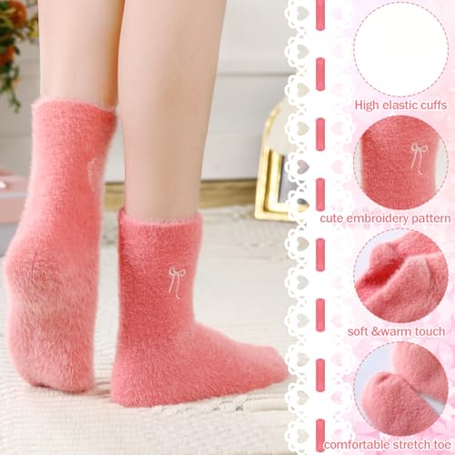 Geyoga 5 Pairs Fuzzy Bow Socks for Women Fluffy Slipper Gift - color: Gradient Pink