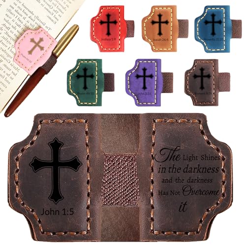 Personalized Leather Bookmark with Pen Holder - Magnetic Bible Verse Design, Christian Book Lovers Reading Accessory, for Book Lovers Men Women (Coffee, John 1:5) - color: Coffee, size: John 1:5