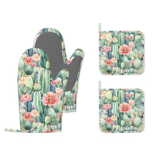 Cactus Flower Succulent Plant Heat-Resistant Silicone Oven Mitts and Pot Holder 4 Piece Set,Non-Slip Kitchen Oven Gloves for Baking, BBQ, Cooking,Grilling - color: Cactus Flower Succulent Plant