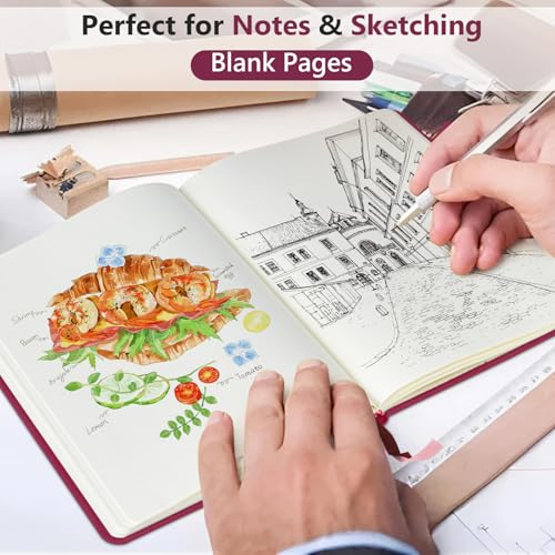 Blank Journal Notebook 5.9"×8.5", Leather Sketchbook,160 Pages Sketch book - color: Wine red, size: Blank Page