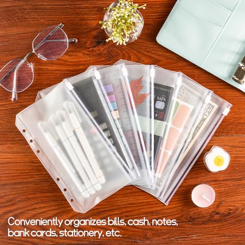 16 Pcs A6 Zippered Binder Envelope Pouches for 6-Ring Budget Cash System, Clear Inserts for Money Saving and Budgeting, With 42 Sticky Labels - size: A6