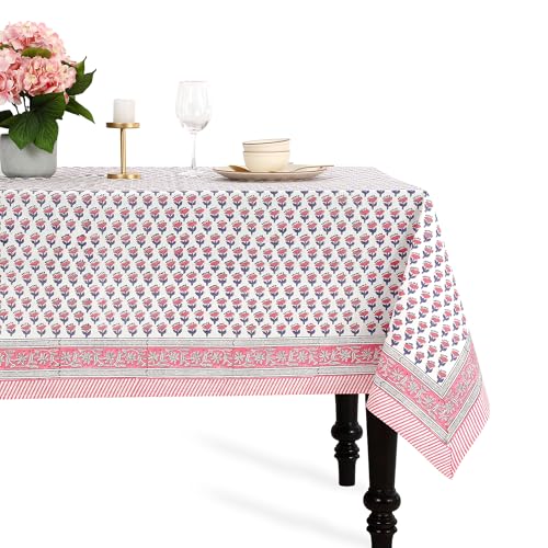 CPC Tablecloth 100% Cotton 60x90 Inch Indian Block Print Rectangle Table Cover, Washable Table Cloth for WeddingsSpring/Summer, Barbeque - Pink Sapphire - color: Pink Sapphire, size: 90" x 60" (Rectangular)