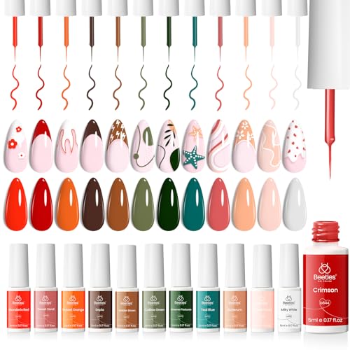 Beetles Gel Polish 12 Pcs Liner Nail Art Set White Nude Red Green Brown - color: C - Multicolor-12-2