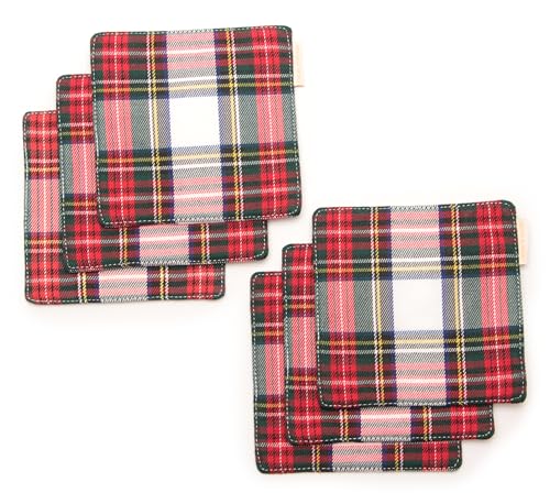 RUTH&BOAZ Traditional Scottish Tartan Plaid Fabric Coasters | for Christmas Parties | Set of 6 | 4”Square (White)