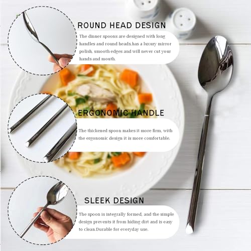 MIUPOO Stainless Steel Dinner Spoons Set,Long Handle Table Soup Spoon Set,Asian Korean Spoons with Long Handles,Thick Heavy Weight Silverware,8.5Inches,4 Pieces,Silver
