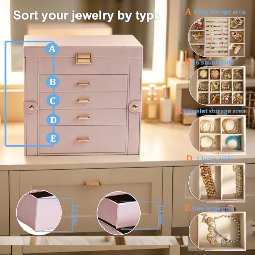 BOOVO Large Jewelry Box for Women, 5 Layer Jewelry Organizer (Rose Gold) - color: Rose Gold, size: 5 layer