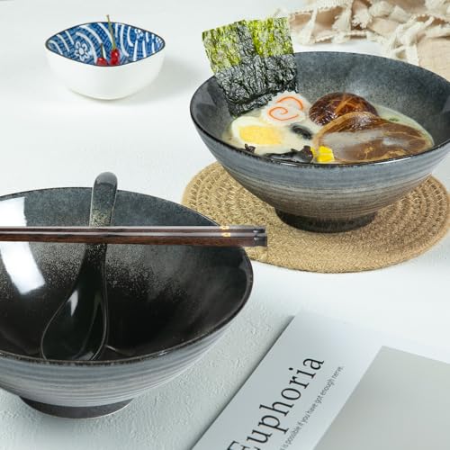 40 oz Ceramic Ramen Bowl Set of 2, Ramen Noodle Bowl with Spoons and Chopsticks 8 Inch Japanese Retro Style Large Soup, Pho, Udon Bowls, Microwave & Dishwasher Safe, Black - color: Black