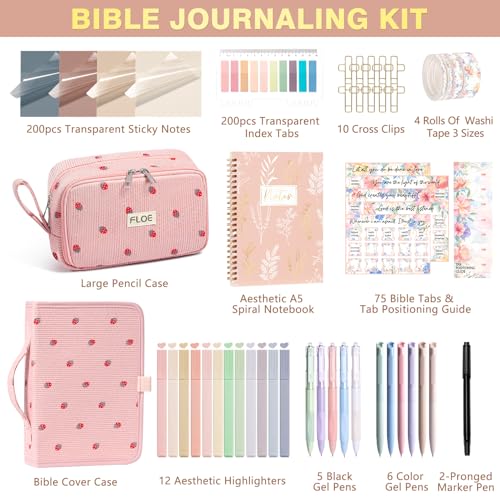 Bible Study Supplies Journaling Annotation Kit w/Bible Cover Case for Women - color: Pink Strawberry
