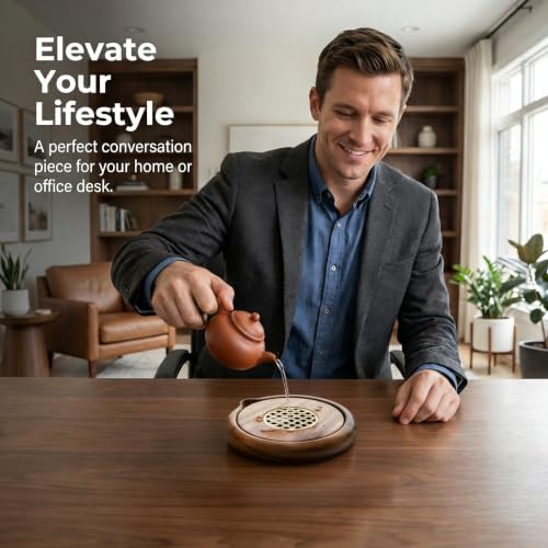 Walnut Wood Tea Tray with Brass Grid Lid - Round Serving Tray for Gongfu Tea, Elegant Tea Service Board for Home & Office