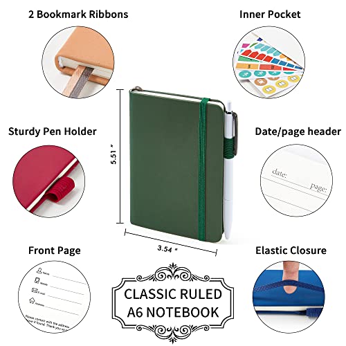 feela Pocket Mini Notebooks Bulk, Small Cute Memo Notepads Hardcover College Ruled Lined Journals with Pen Holder for School Business Work, with 6 Black Pens, 3.5”x 5.5”, 6 Pack, A6, Vintage Colors - color: 6 Vintage Colors