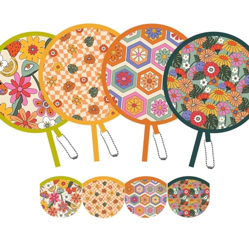 4 Pack Retro Hippie Hand Fan Foldable Multi-Role Round Fans for Travel, Events, Graduation, Indoor & Outdoor (Joyful) - style: Retro