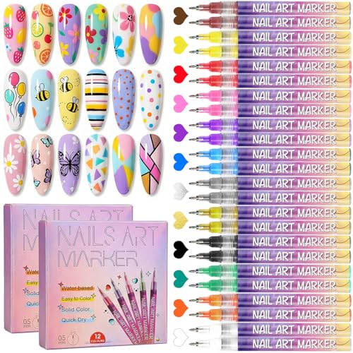 Biutee 12 Colors Nail Art Pens Set for Painting 0.5 mm Fine Tip (24 Colors) - color: MulticolorB