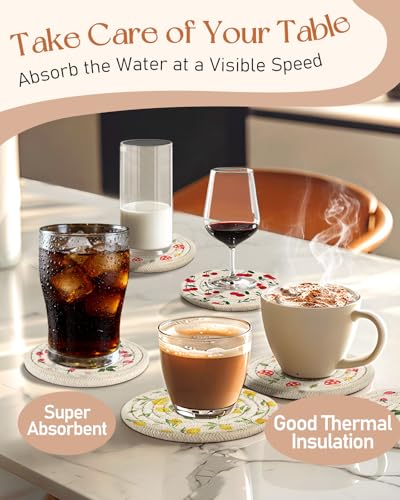 Drink Coasters Set of 4 - Cute Absorbent Cup Coasters for Drinks Coffee Table Office Home Desk Decor Soft Woven Cotton Cloth Braided Fabric Drinking Cup Mat with Holder Mushroom Cherry Fruit - style: Fruit Mushroom