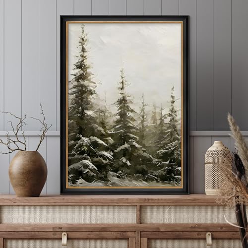 MUDECOR Premium Framed Canvas Print Wall Art Snowy Pine Trees in Winter Forest Illustrations Modern Art Contemporary Scenic Fun Warm for Living Room, Bedroom, Office - 26"x36" Black - color: A07-2308-b37, size: 36"L x 26"W, style: Black Frame