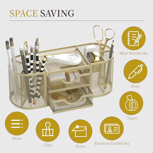 SUPEASY Mesh Desk Organizer, Pen Holder for Desk with 2 Drawers, Yellow - color: Golden Yellow