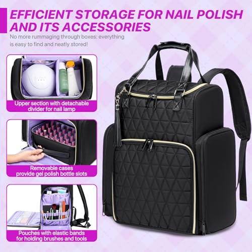 Nail Bag Organizer Case Backpack, Nail Bag Holds 80 Bottles (15ml-0.5 fl.oz) and Nail Lamp, Nail Polish Case with 2 nail polish Bag, Portable Travel Backpack for Nail Tech Supplies Manicure Tools - color: Black
