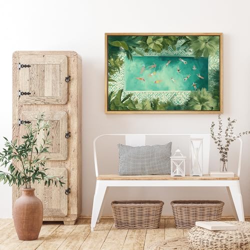 SIGNFORD Framed Canvas Print Wall Art Tropical Aerial Pool Scene Modern Summer Vacation Illustrations Modern Art Decorative Boho Relax/Zen for Living Room, Bedroom, Office - 16x24 NATURAL - color: B08-2508-M22, size: 24"L x 16"W