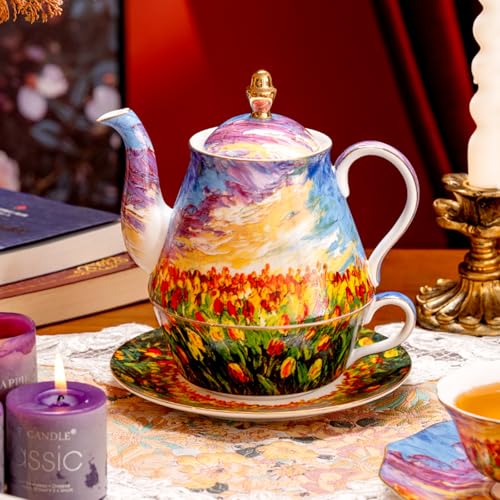 KAMMAK Tea for One Set, Ceramic Teapot, Bone China Tea Set, Cup and Saucer - color: Colorful-XY7