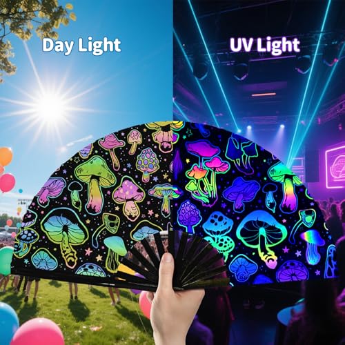 EOSAU Large UV Glow Rave Fan, Folding Hand Fans for Line Dancing, Mushrooms - color: 13" Mushrooms