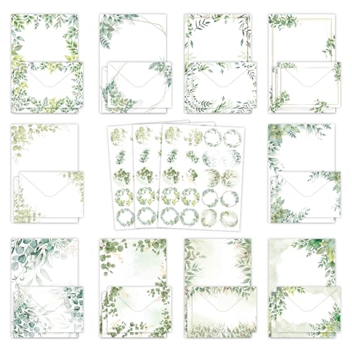 Stationery Paper Envelopes Set 160 Pcs - 50 Lined Writing Paper, 50 Envelopes, 60 Dot Stickers, Vintage/Floral/Leaf/Watercolor Multi-Style Options (STATIONERY-160PCS-LEAF) - style: Leaf
