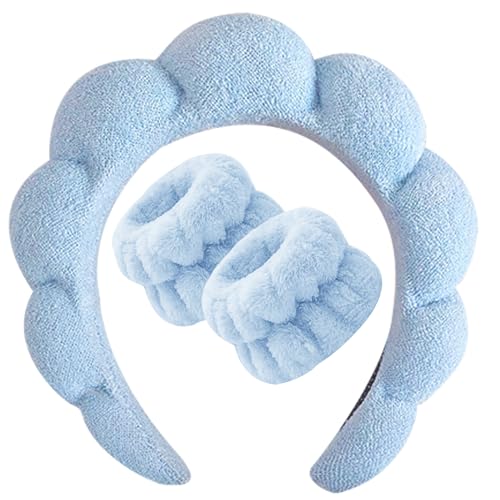 Beleki Spa Headband for Washing Face, Sponge Makeup Skincare Headband & Wristband Set Non Slip Headbands Soft Puffy Headwear Hair Accessories for Women Girls, Blue - color: Blue