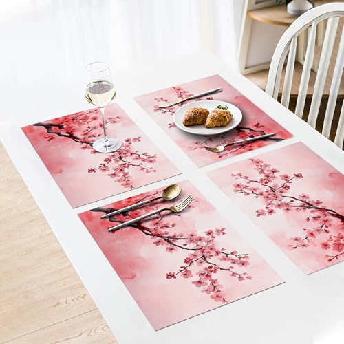 Japanese Cherry Blossom Placemats Set of 4, Pink Sakura Floral Place Mats, Flower Waterproof Washable Table Mats for Home Party Indoor Kitchen Dining Table Decoration 12x18 Inch - color: Cherry Blossom, size: Set of 4