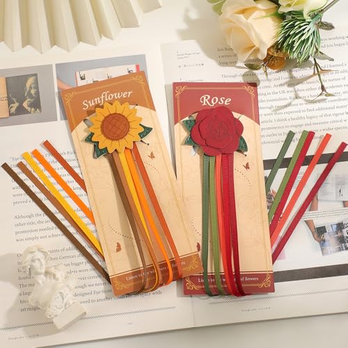icceemee 2pcs Leather Bookmark with Sunflower Rose, Aesthetic Vintage Book Accessories, Handmade Tassel Bookmark for Women Men Gift - style: Sunflower & Rose