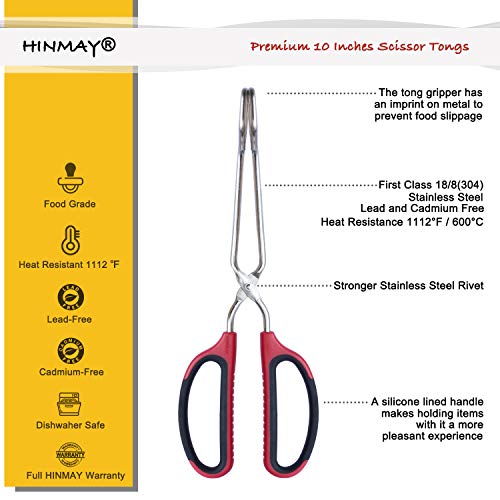 HINMAY Stainless Steel Scissor Tongs with Comfort-Grip Handle 10-Inch - color: Red Handle, size: 10-Inch