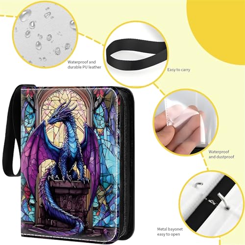 Card Binder 400 Pockets, 50 Sleeves Large Binder Trading Cards Holder 4 Pocket, Storage Organizer, Album Folder Case Protector Collector Gift Stained Glass Blue Purple Diamond Dragon - color: Stained Glass Blue Purple Diamond Dragon, size: 4 Pocket